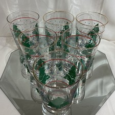 Libbey Painted Christmas Tree Gold Rim 4.5&rdquo; Rocks Tumbler - Set of 6