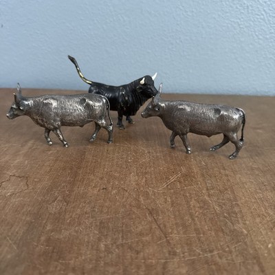 Small Set 3 Heavy Bulls Bronze/Brass/Pewter Statues Figurines Bull Cow Ranch