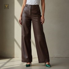 High-Waist Wide-Leg Lambskin Leather Pants Brown Bell bottoms Leather Trouser