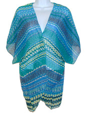 Sheer Kimono Cardigan Women S/M Open Front Tribal Geo Print Teal Blue NWT