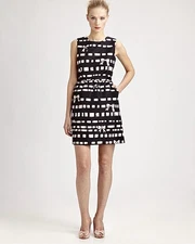 New Valentino Bow Print Faille Dress Weave RIbbon Lined Black White