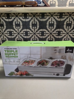 Eco & Chef Stainless Steel Triple Buffet Warmer (3) 1.5 Quart Dishes Adjustable 