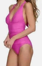 DKNY Women's Tie-Back Halter-Style Plunge neckline one piece swimsuit Pink Small