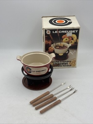 Le Creuset Chocolate Fondue Set 6800 Pot w Box Stand Skewers No. 14 Umbre Red