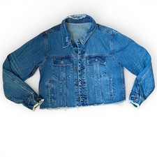 Women Cropped Denim Jacket Distressed Raw Hem Blue Street Style Size M