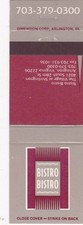 Bistro Bistro Restaurant Arlington Virginia Matchbook 1990's