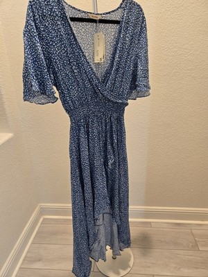 KorMei Women Blue White Leopard Faux Wrap High Low L Dress Ruffle Flutter Sleeve