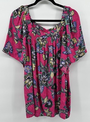Loft Womens Top Size XL Hibiscus Flutter Short Sleeves Square Neck Pink NEW
