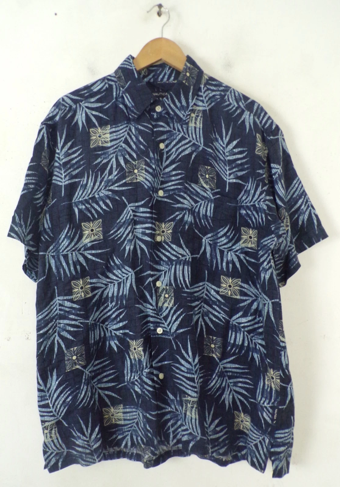 NAUTICA Mens Hawaiian Shirt Large Blue Floral Leaf Print Linen Blend Summer