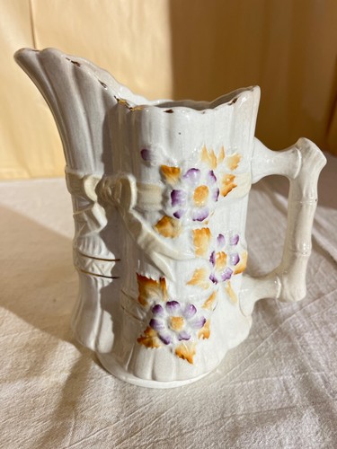 European Albino Majolica Bamboo Milk Pitcher- Victorian Utilitarian Florals - Picture 3 of 12