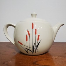 Vintage Porcelier Trademark Vitreous Hand Dec. China White Red Cat Tails Teapot