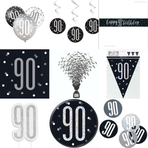 90e anniversaire noir paillettes, bannière, coloration, ballon, confettis, insigne, serviette - Photo 1/23