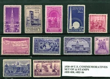 1938–39 US Commemoratives Full Year Set 11 Stamps #835–838, 852–856 MNH