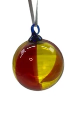 Hand Blown Art Glass Gazing Ball Yellow Red Blue 3.5" Christmas Ornament Sun Cat