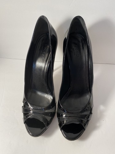 Gucci Open Toe Pumps High Heels Patent Leather Black 39.5/ 9 - Picture 4 of 11