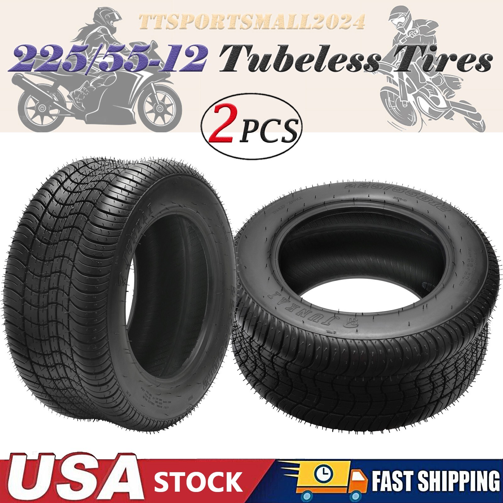 2 Pack 225/55-12 6PLY Tubeless Golf Cart Tires for Club Cars & ATVs