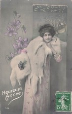 CP HEUREUSE ANNEE FEMME ELEGANTE MANCHON FOURRURE