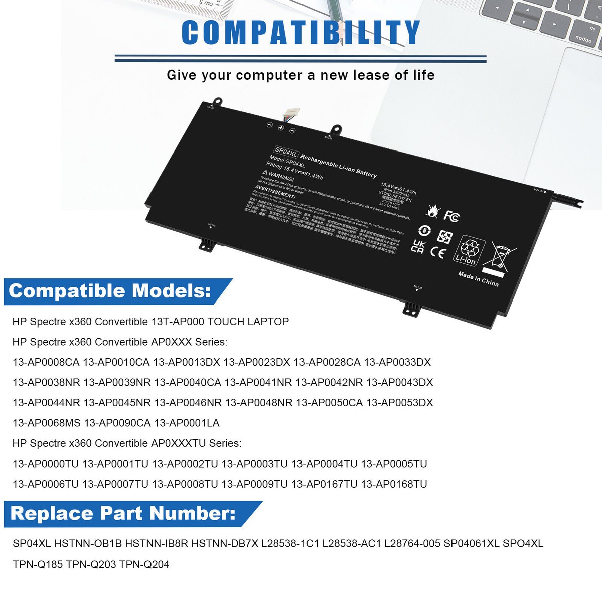 15.4V 61.4Wh SP04XL Laptop Battery Compatible With HP Spectre X360 13
