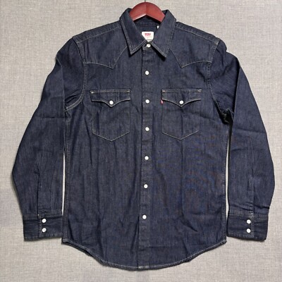 Levis Mens Western Standard Fit Denim Shirt Snap Button Closure Navy Blue Small