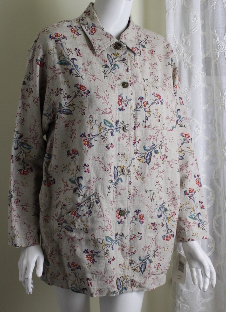 【希少】90s linen zip shirts jacket usa製 NWT LizWear Sz PS P S 90s Persian Floral Natural Linen Cotton