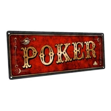 Red Poker Metal Sign; Wall Decor for Mancave, Den, or Gameroom