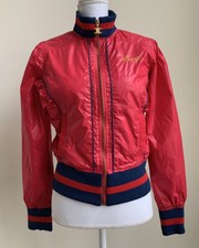 Coogi Sz M Bomber Style Full Zip Jacket Red Nylon Lined Ruched Side Pockets Logo