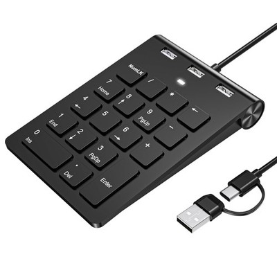 18 Key Wired Numeric Keypad with 3 Port USB 2.0 Hub, USB & USB A Slim Portabl...