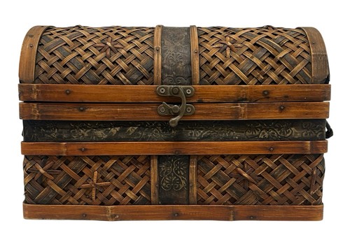 Vintage Wicker Rattan Bamboo Storage Chest Brass Hinge & Clasp Boho Rustic