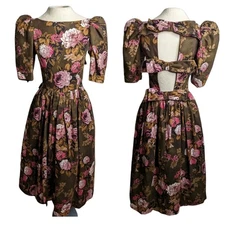 Victor Costa 80s Puff Sleeve Floral Dress Bow Back Cutout Fit Flare Vintage Sz 6