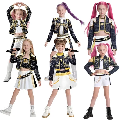 Kids Girls KPop Demon Hunters Costume Rumi Zoey Cosplay Fancy Dress Wigs Outfits