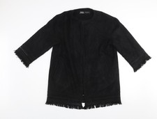 Zara Women Black XS Suede Effect Mid-Length Fringe Open Coat