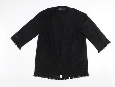 Zara Damen Mantel schwarz XS Wildlederoptik mittellang Fransen offen