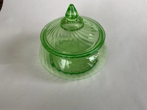 Vintage Anchor Hocking Uranium Swirl Glass Candy Dish, Green Depression Glass