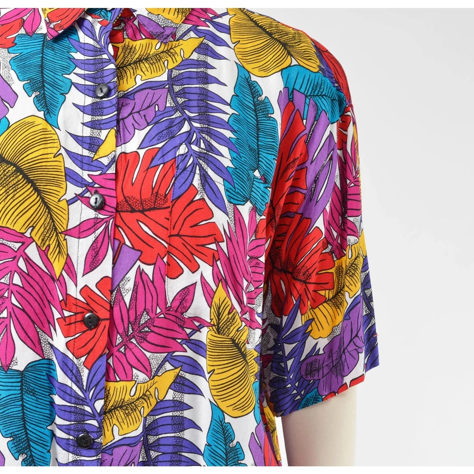 Vintage Colorful Leaf Print Blouse Collared Button Up Tropical Jungle Shirt M L - Изображение 4 из 4