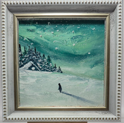 original autographed oil painting framed. winter night.impressionism.4x4 in