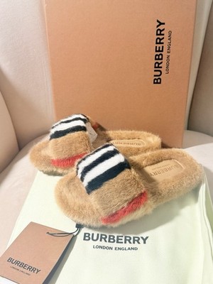 Burberry Little Kid's & Amp  Faux Fur Stripe Slides 29 11.5 Kids MSRP $290.00
