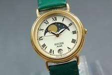 Near MINT Seiko Alba V338-0A70 Moon phase Gold Round Quartz Women's Watch JAPAN