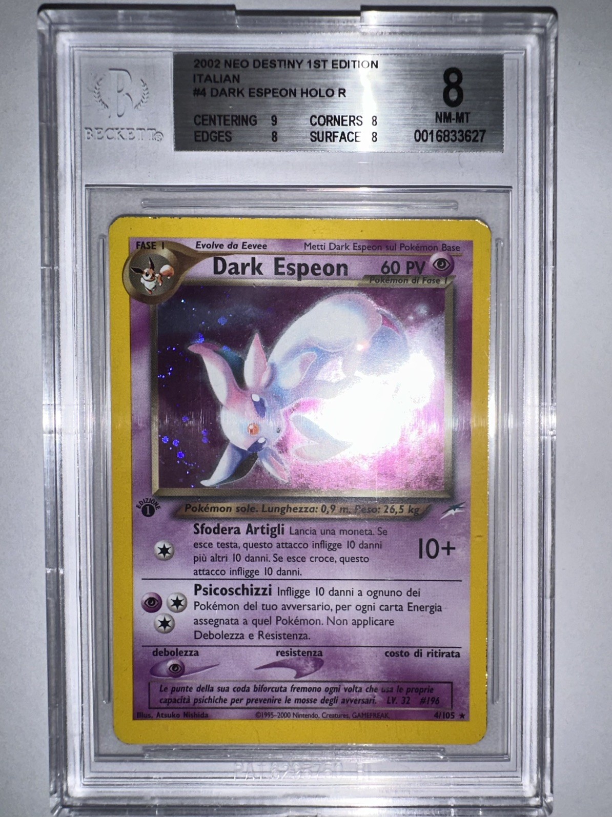 2002 POKEMON NEO DESTINY 1ST EDITION #4 DARK ESPEON-HOLO PSA BGS 8