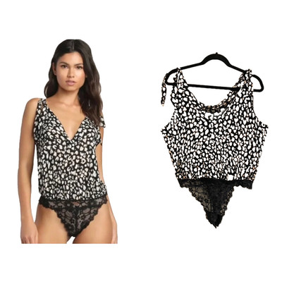 FREE PEOPLE LACE THONG BODYSUIT L BLACK BARE IT ALL LEOPARD GOTHIC GRUNGE SIREN