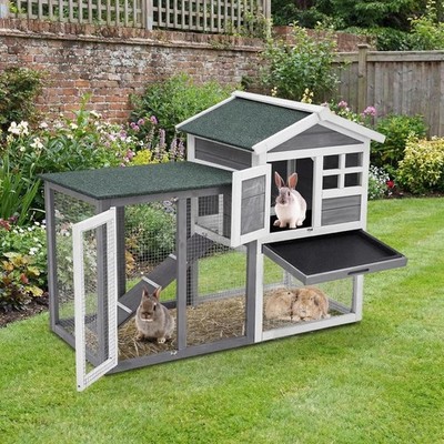 Solid Wood Rabbit Hutch Outdoor, Weatherproof PVC Roof, Galvanized Mesh, 2 Doors