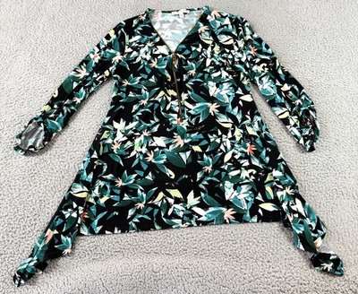Chaus Womens Zipper V-Neck Hanky Hem Tunic Top Black Blue Green Floral Size M