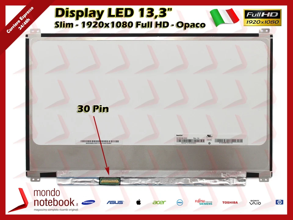 Écran LCD LED 13,3" 1920x1080 30 Pins Mat Fixation Sup/Inf N133HSE-EA1 - Photo 1/1