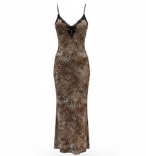 Women's XL Brown Animal Print Lace Trim Maxi Slip Dress TARSO668J Sexy Siren