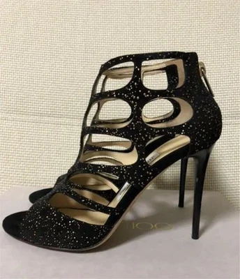 JIMMY CHOO Sandales Talon En Daim Mules Escarpins Femmes Taille 36 Noir Lame Or - Photo 1/4