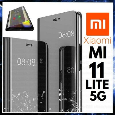 FLIP COVER FOR XIAOMI MI 11 LITE 5G BLACK BOOK CASE MIRROR CLEAR VIEW 360°