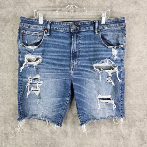 American Eagle blaue Denim Herrenshorts AirFlex abgenutzt 9" Schrittlänge roher Saum 38 - Bild 2 von 10
