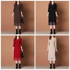 Women Splice Dress Lace Hem Knitted Sweater Dresses Midi Long Sleeve Stretch