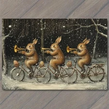 POSTCARD Festive Rabbits Bicycles Playing Trumpets in Snowy Winter Wonderland