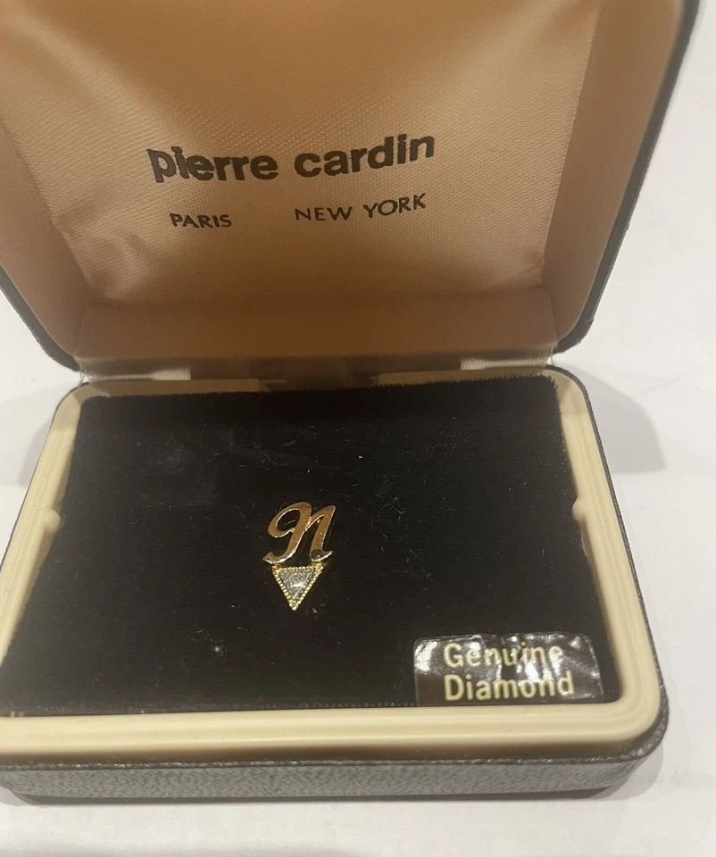 Pierre Cardin Initial Tie Tack Mini Pin with Diamond Letter M Vintage New in Box - Image 2 of 4