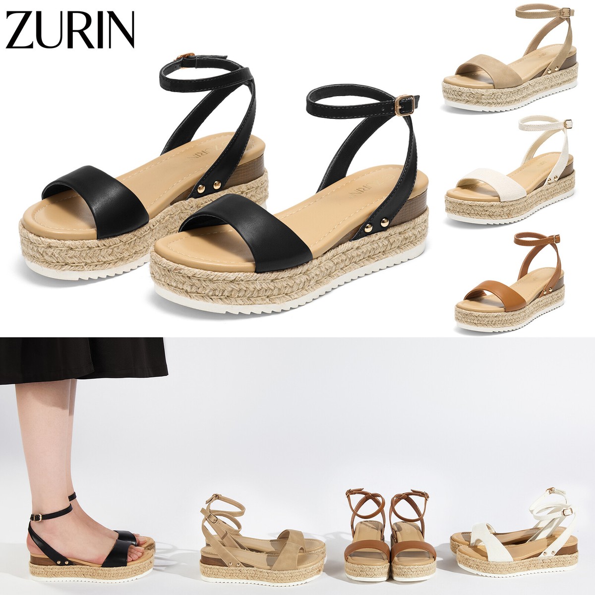 ZURIN Women Open Toe Espadrille Platform Wedge Sandals Buckle Ankle Strap  Summer | eBay